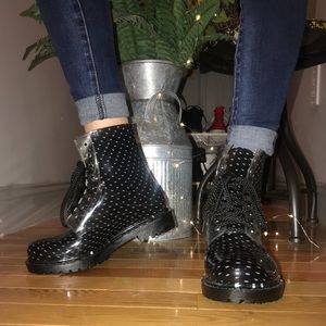 Polka dot rain boots.